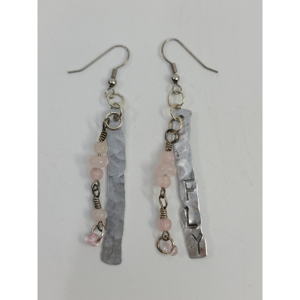 Rose Quartz Dangle Drop Earrings Metal Tabs Fly Fashion Statement Earrings